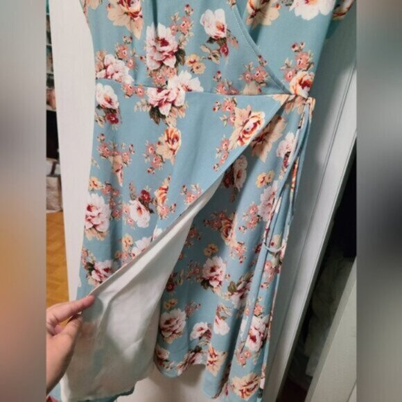 Lord & Taylor Blue Floral Wrap Side Tie Flutter Ruffle Cap Sleeve Mini Dress XS - Picture 6 of 16